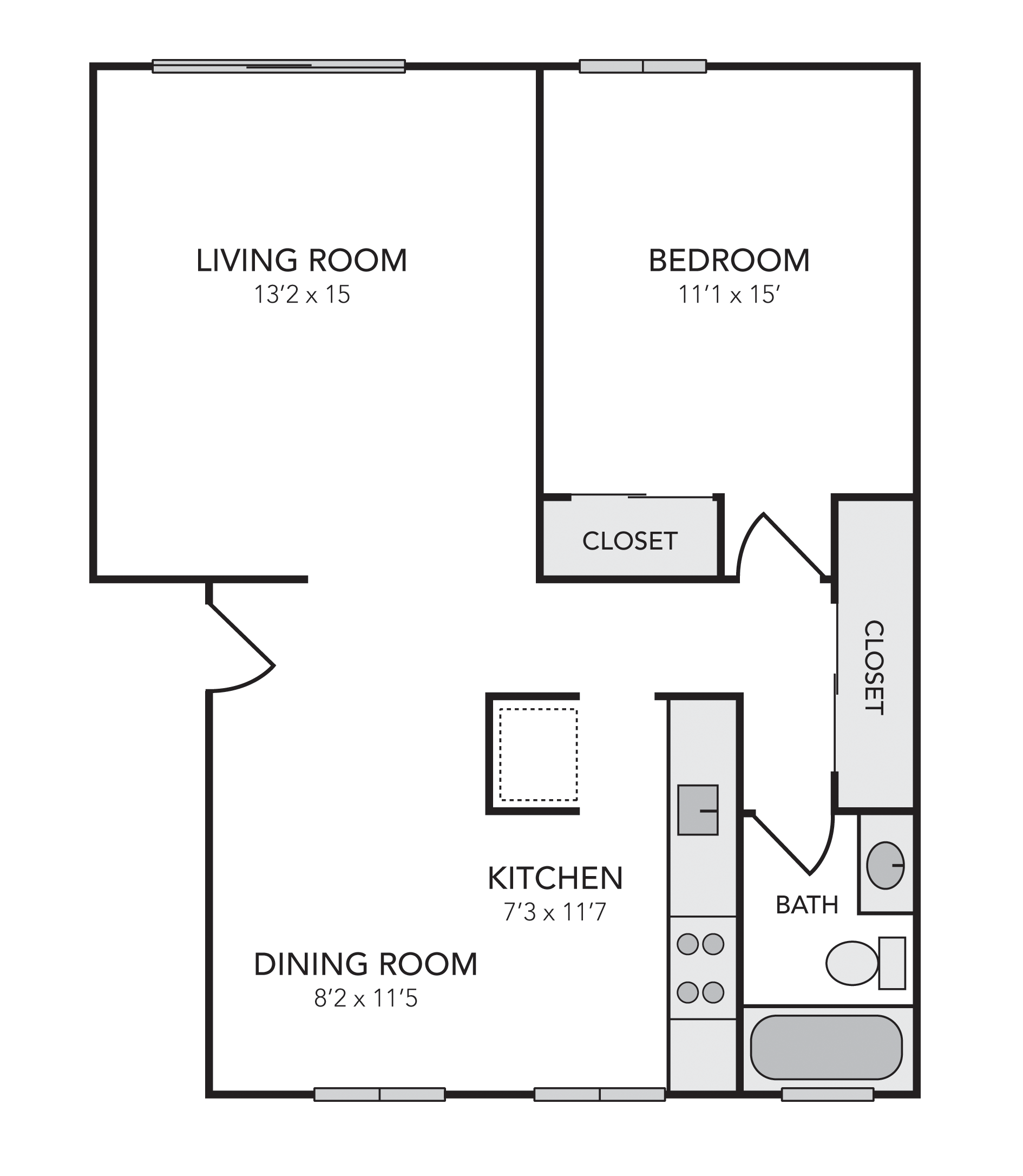 Floor plan for 1 bed, 1 bath, 725 sqft